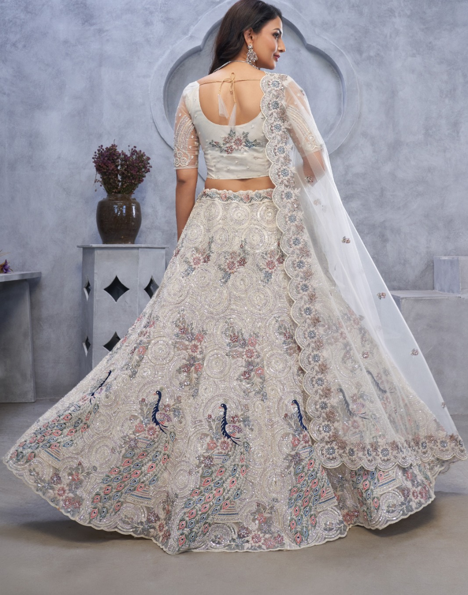 Graceful White Net Lehenga with Intricate Bel Butti Work Blouse & Dupatta Set - Buy_2