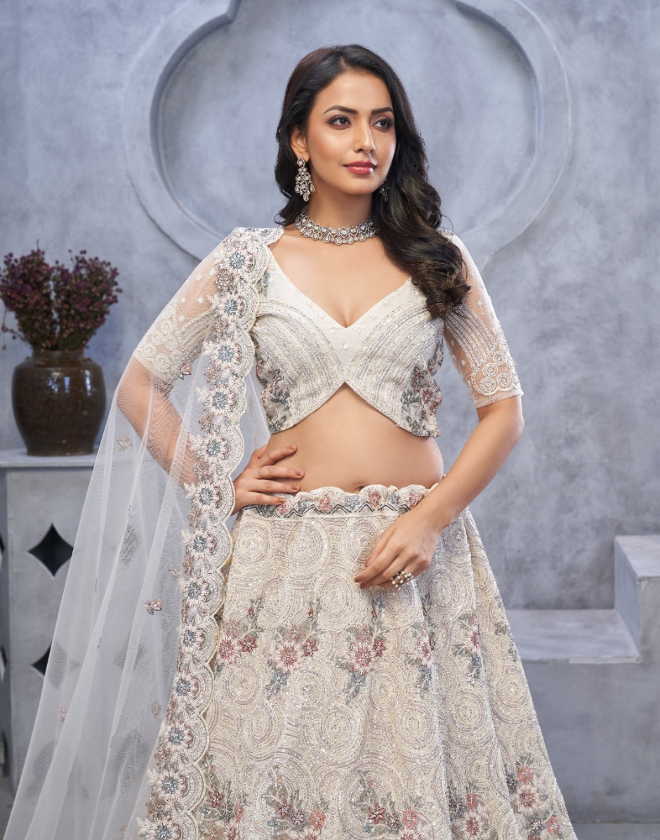 Graceful White Net Lehenga with Intricate Bel Butti Work Blouse & Dupatta Set - Buy_3