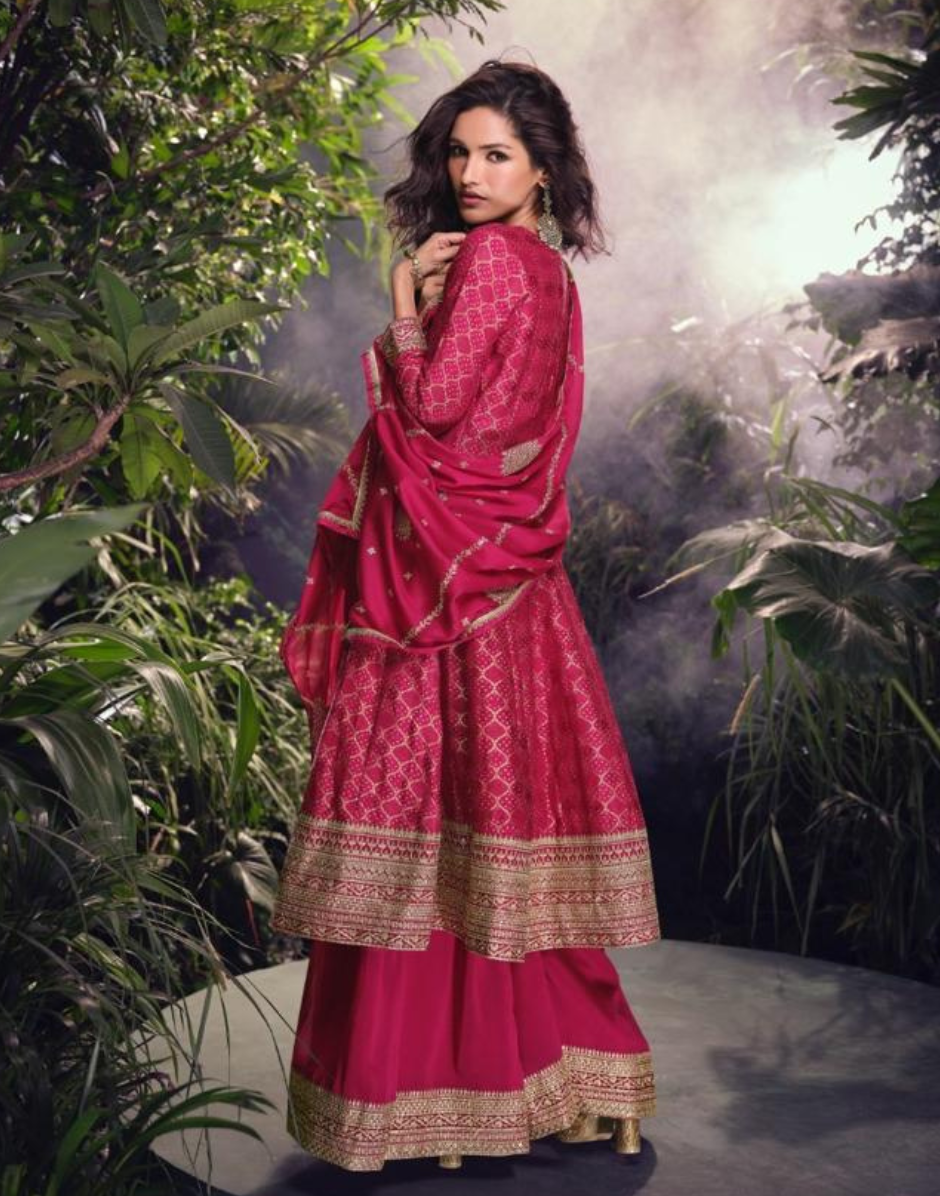 Graceful in Pink Viscose Jacquard Silk Embroidered Set with Palazzo Dupatta_2