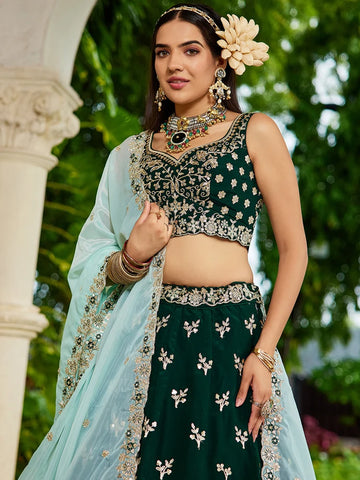 Green Organza Sequence Embroidered Lehenga for Mehendi - RENT