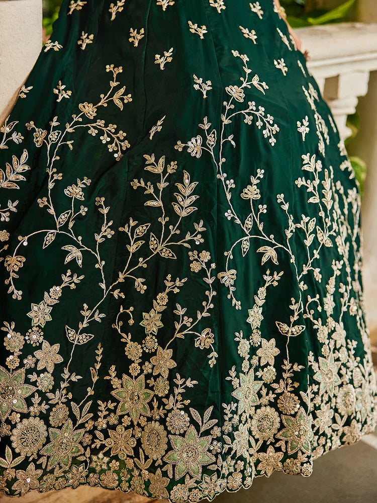 Green Organza Sequence Embroidered Lehenga for Mehendi - RENT