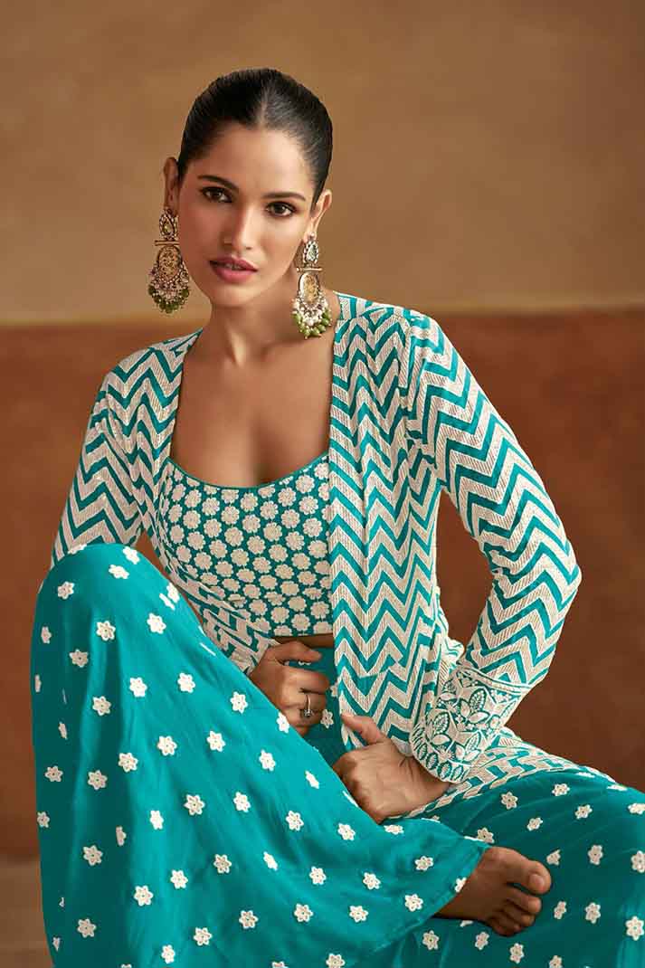 Green Chevron Print Embroidered Georgette Top Palazzo Dupatta Set