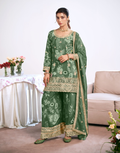 Green Chinon Embroidered Suit Set Heavy Work Top & Digital Print Bottom with Organza Dupatta