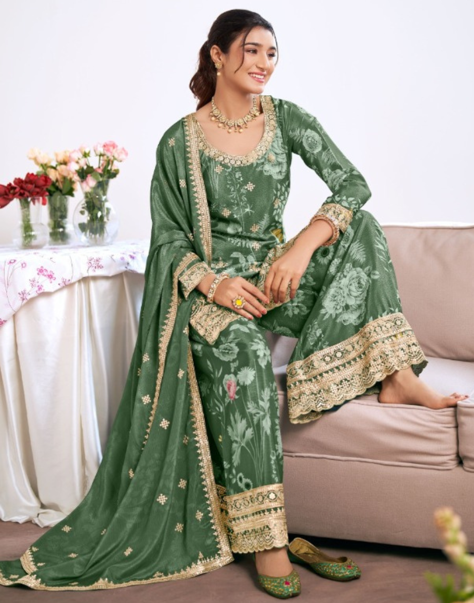 Green Chinon Embroidered Suit Set Heavy Work Top & Digital Print Bottom with Organza Dupatta