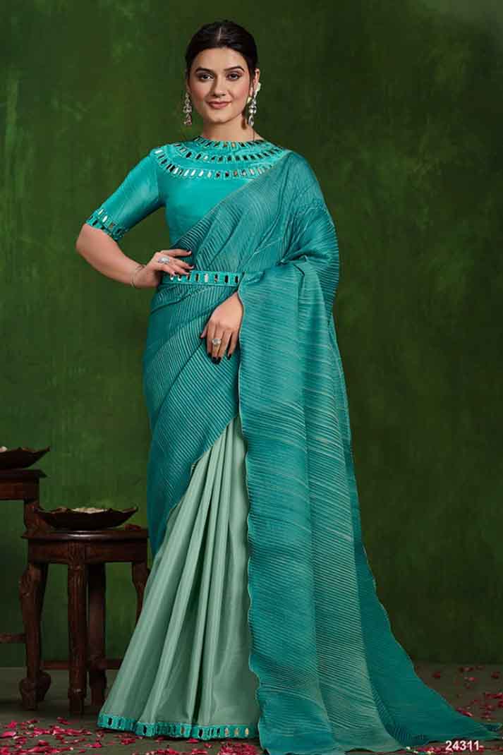 Green Crepe Silk Georgette Mirror Thread Work Designer Saree with Texture Pallu