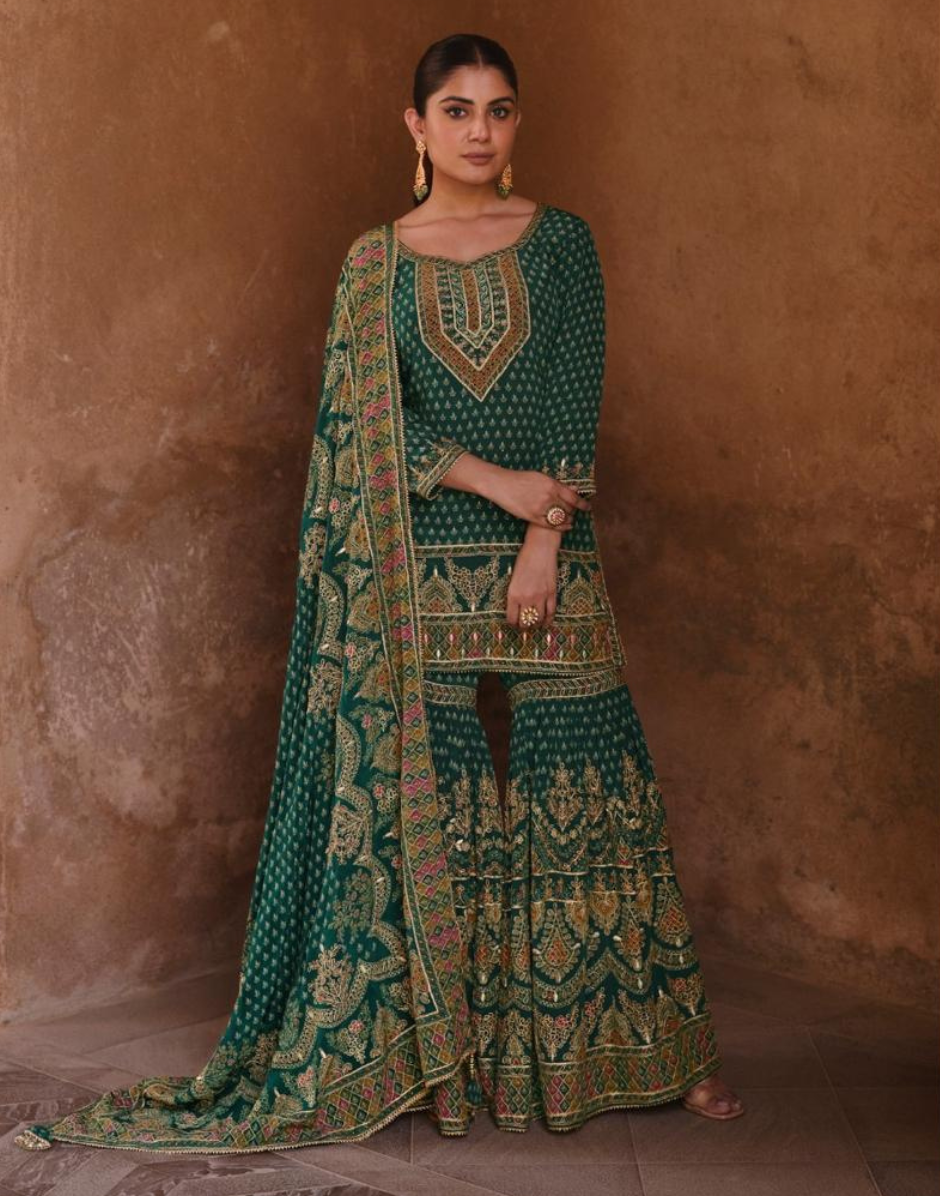 Green Crepe Silk Gharara Suit Hand Mundi & Swarovski Work with Dupatta