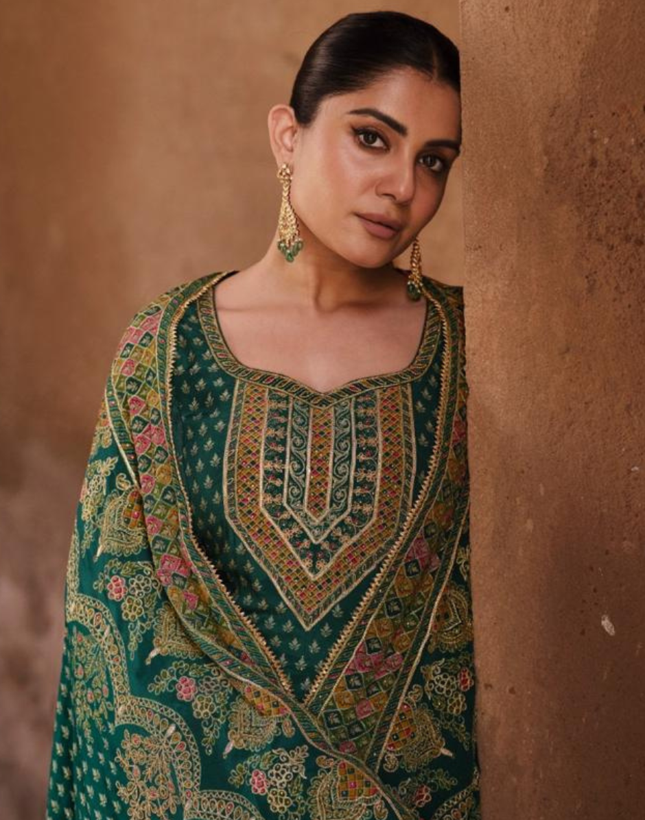Green Crepe Silk Gharara Suit Hand Mundi & Swarovski Work with Dupatta_1