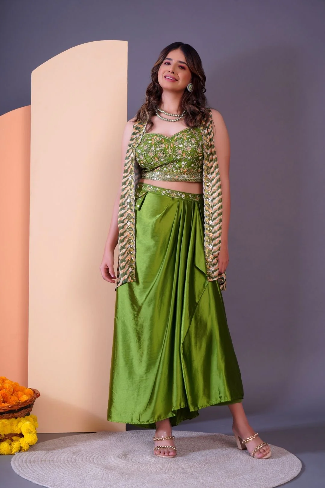 Green Embroidered Dhoti-Style Skirt with Shrug-Rent