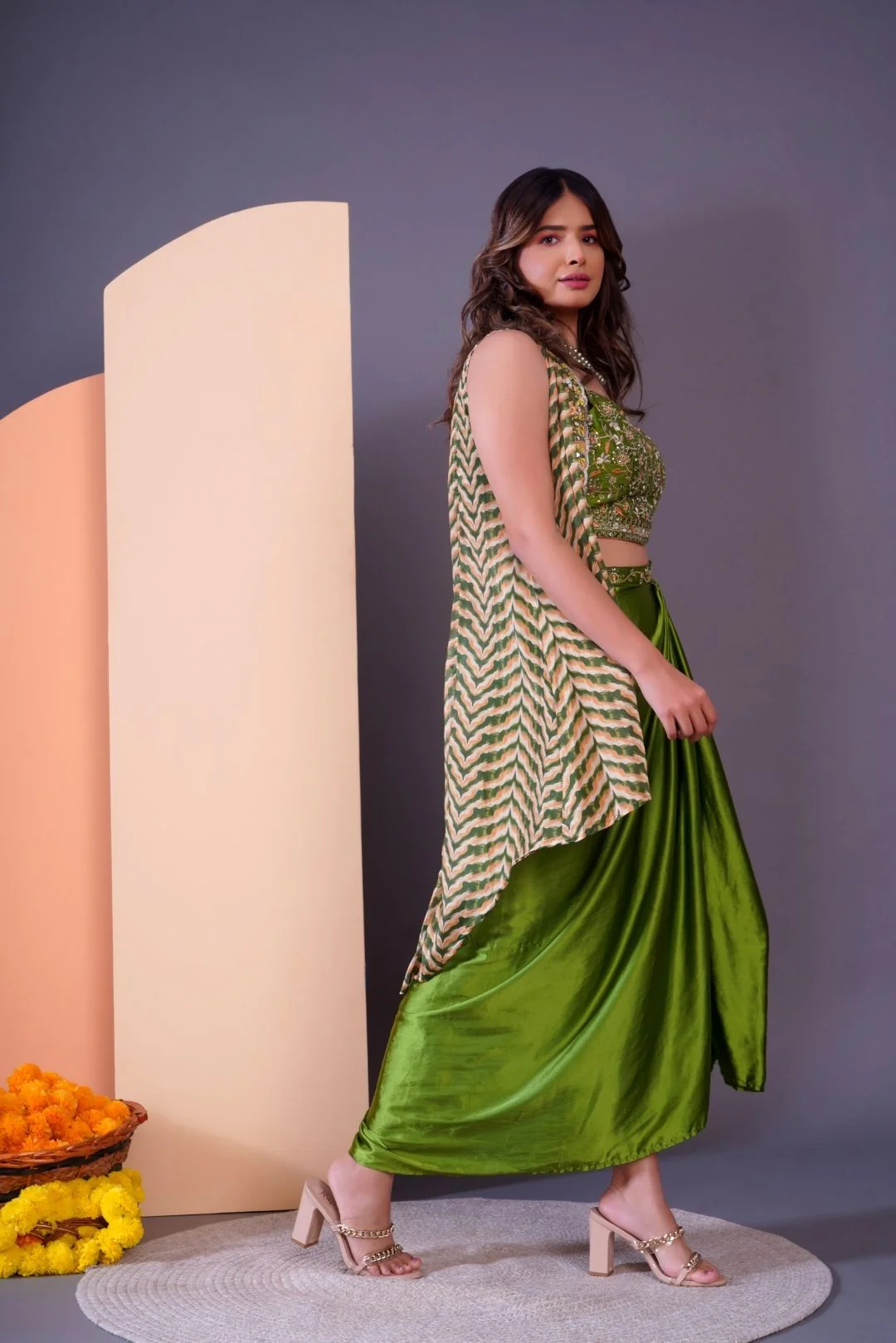 Green Embroidered Dhoti-Style Skirt with Shrug-Rent XXS / Green / 3 Days Green Embroidered Dhoti-Style Skirt with Shrug-Rent XXS / Green / 3 Days