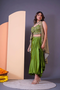 Green Embroidered Dhoti-Style Skirt with Shrug-Rent_4