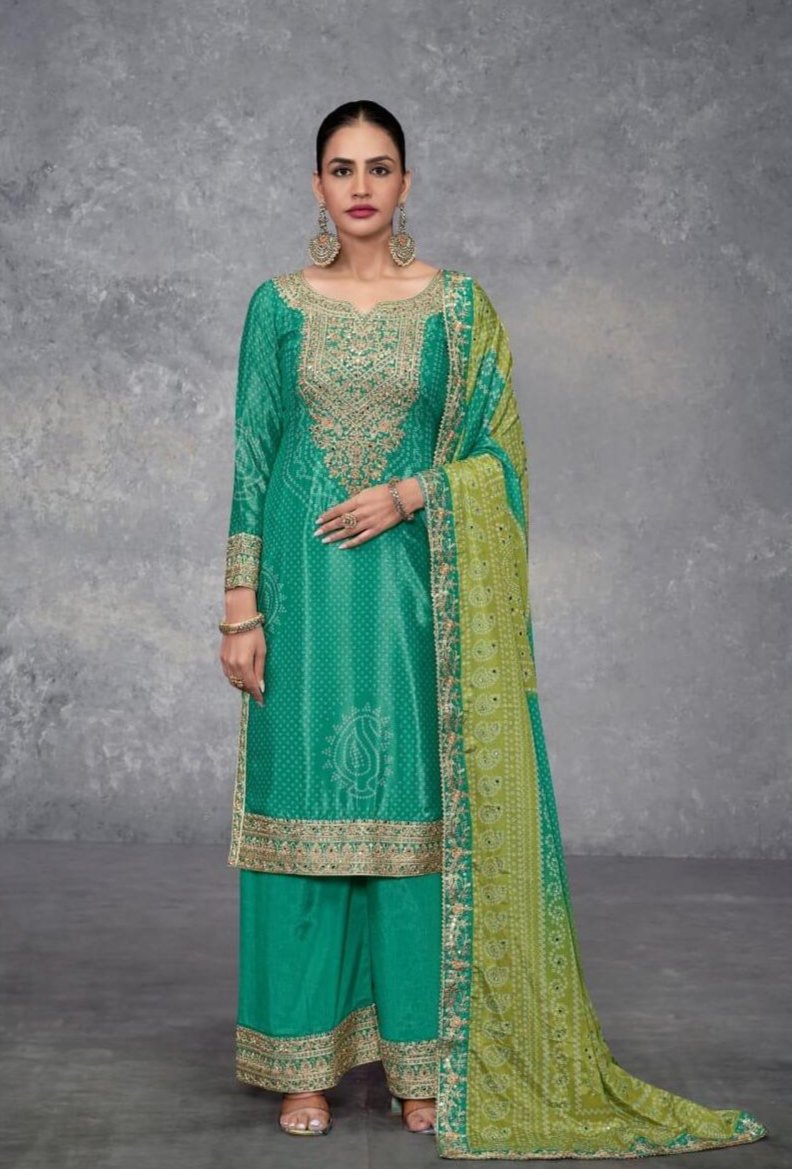 Green Embroidered & Embellished Chinon Kurta Pant with Dupatta