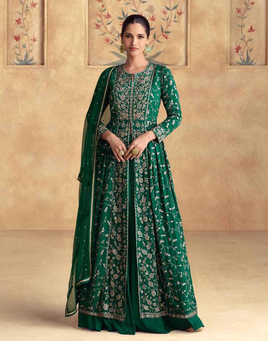 Green Embroidered Front Slit Top Bottom and Dupatta Set