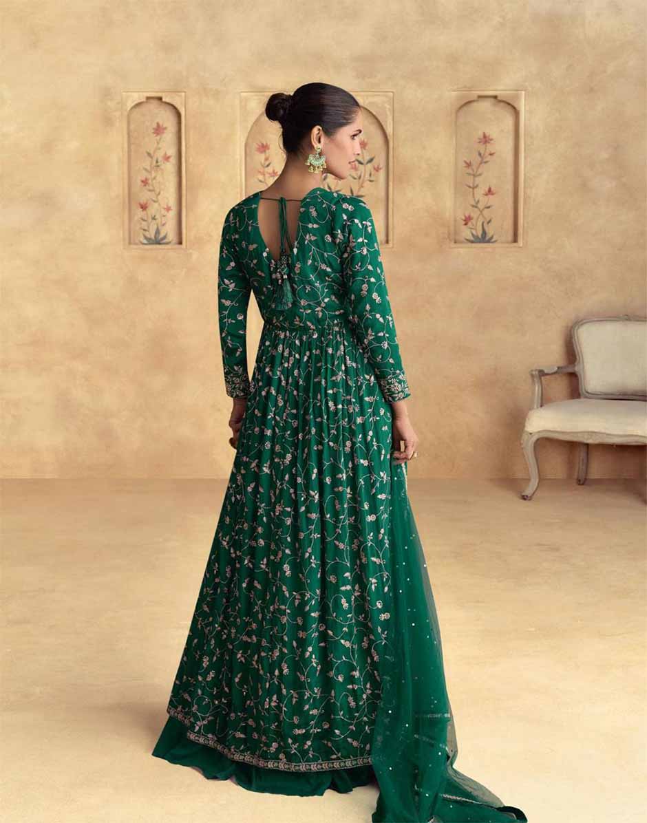 Green Embroidered Front Slit Top Bottom and Dupatta Set