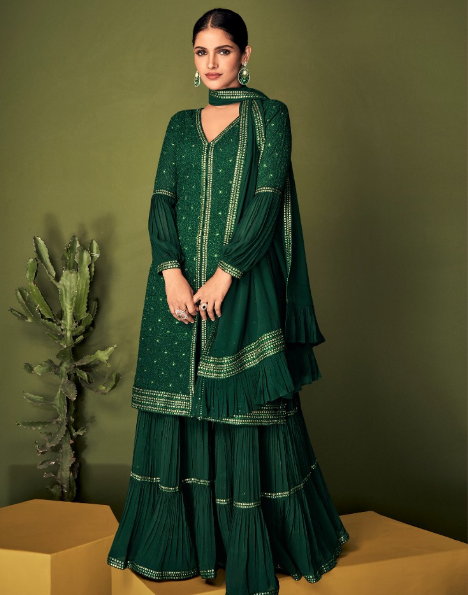 Green Embroidered Georgette Top, Palazzo & Dupatta Set Elegant & Stylish