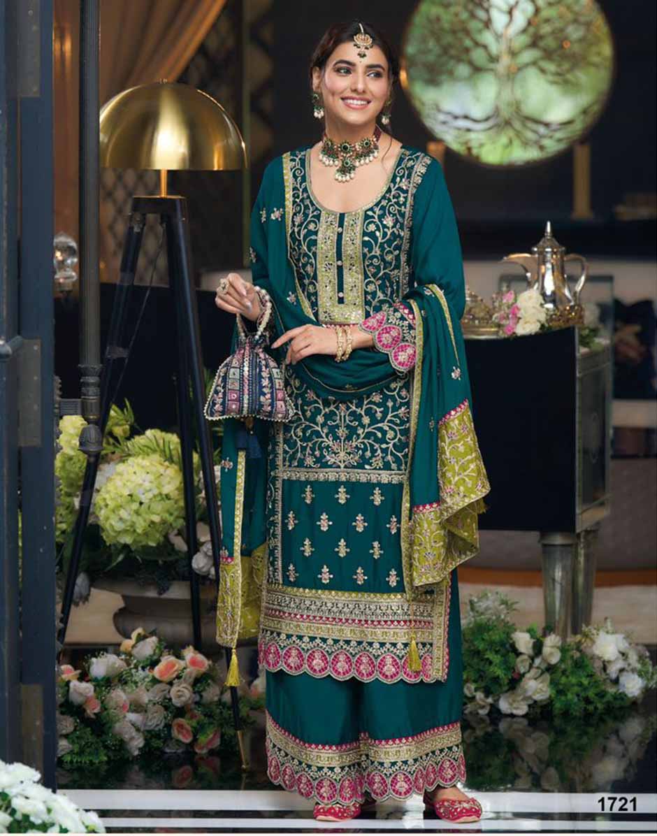 Green Embroidered & Sequins Round Neck Straight Top Palazzo and Dupatta Set