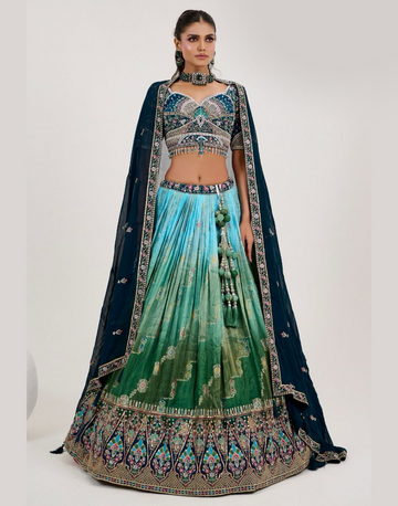 Green Georgette Jacquard Lehenga Embroidered & Printed Blouse with Handwork Dupatta
