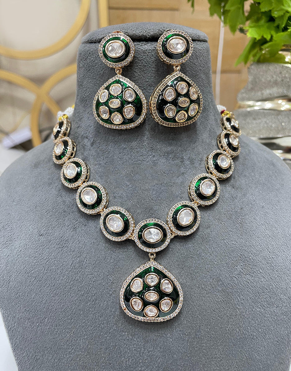 Green Kundan Necklace and Earrings Set Wedding & Party Wear Jewelry