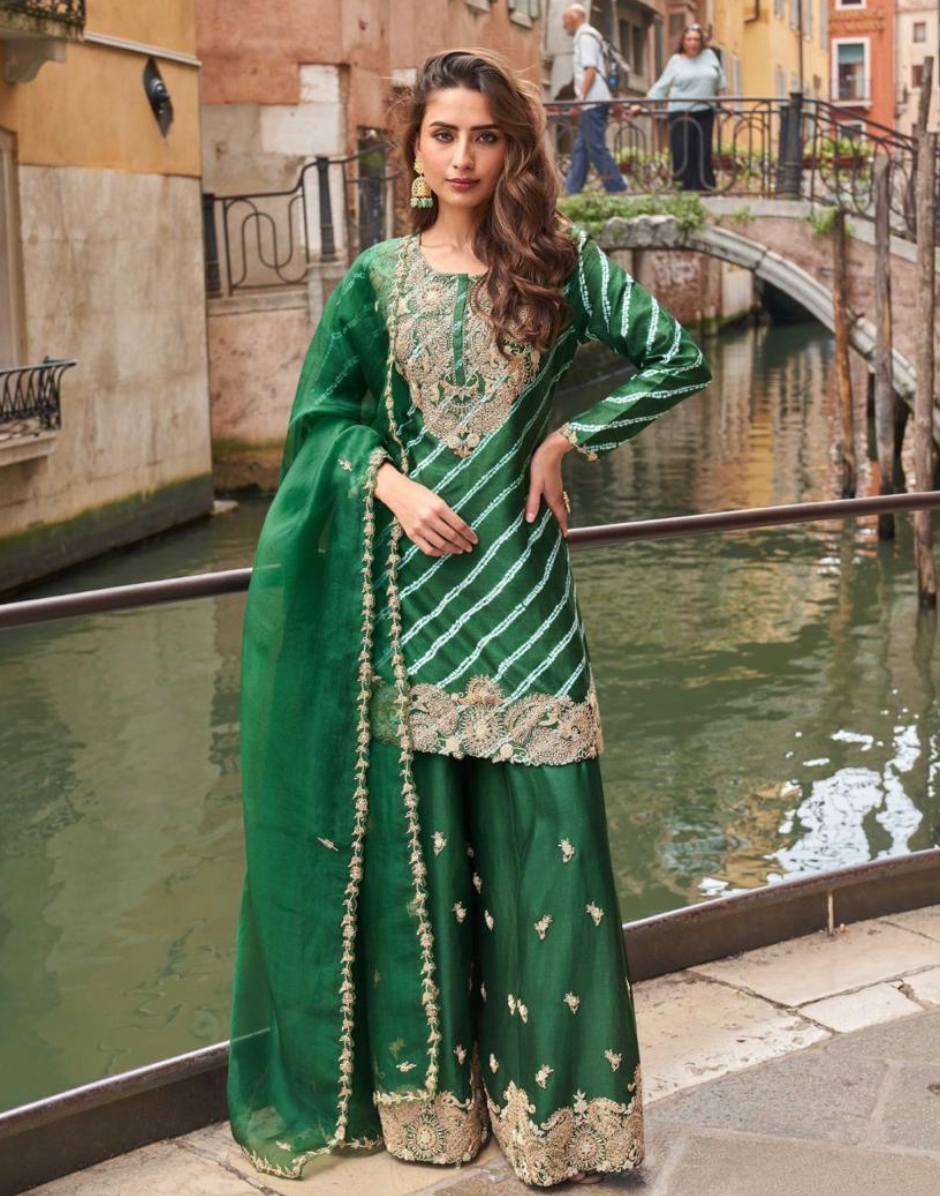 Green Leheriya Chinon Silk Suit Set Digital Embroidered Top, Plazzo & Dupatta