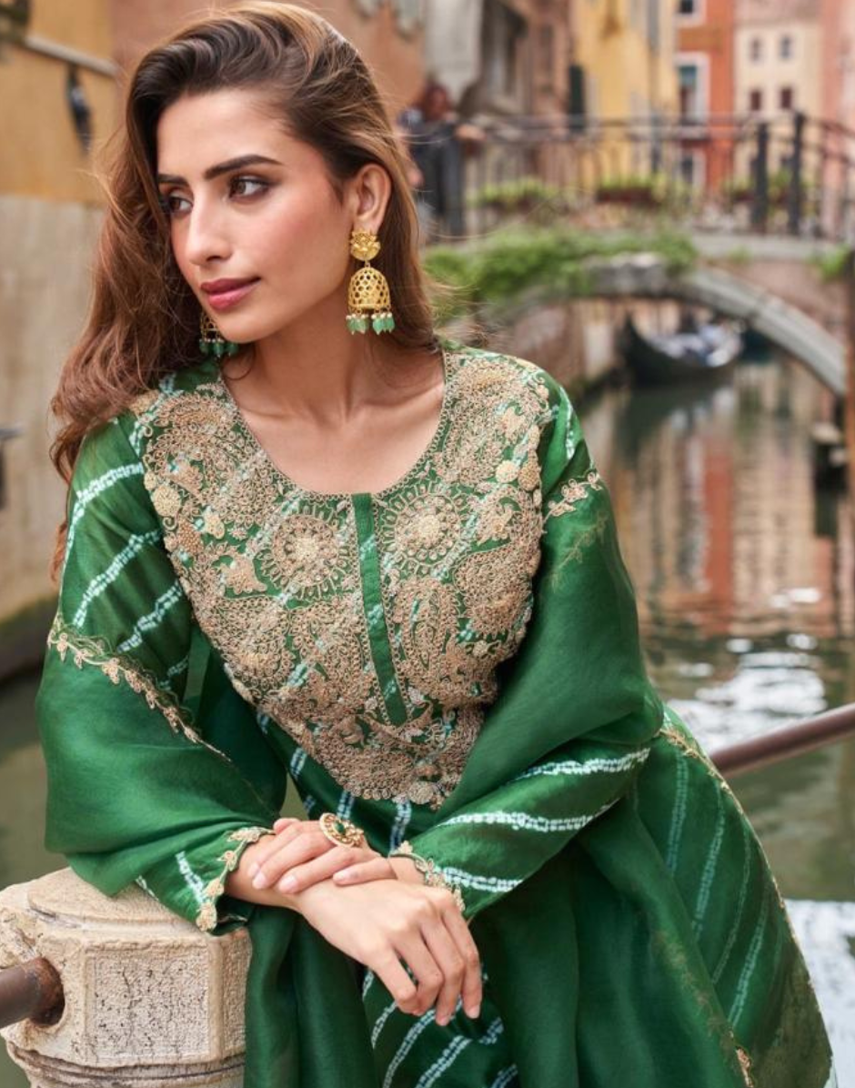 Green Leheriya Chinon Silk Suit Set Digital Embroidered Top, Plazzo & Dupatta