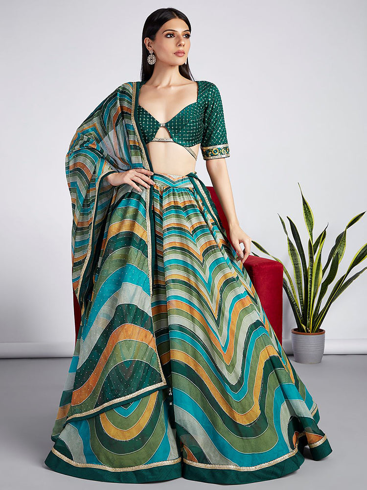 Green Organza siroski stone work Leheriya print Semi-Stitched Lehenga choli & Dupatta - RENT