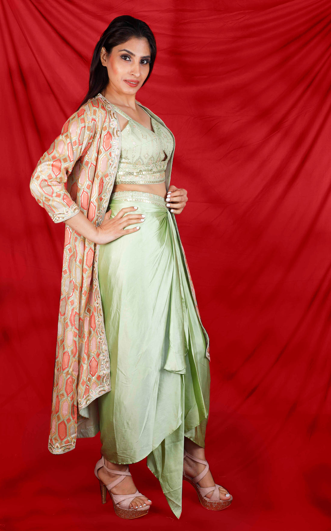 Green Printed Sequins Top Sharara with Jacket