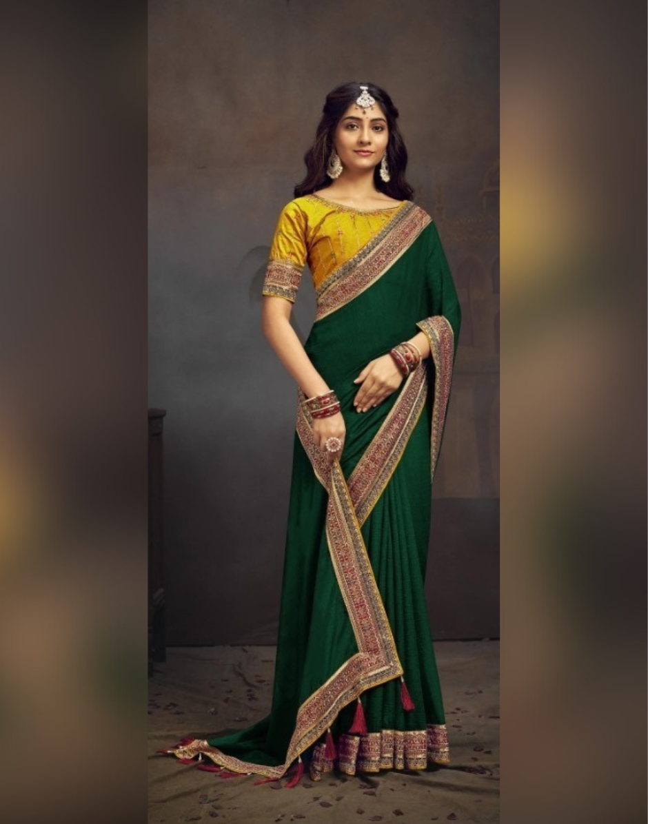 Green Saree Swarovski Sequin Blooming Work with Unique Border & Designer Blouse - Buy