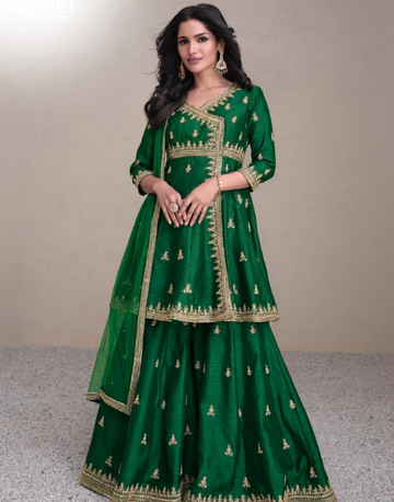 Green Silk Embroidered Top, Bottom & Dupatta Set Elegant Traditional Wear for All Occasions