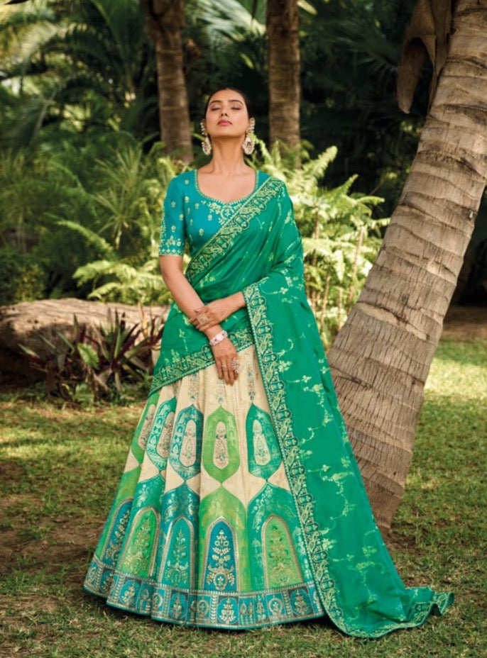 Green and Beige Banarasi Silk Lehenga- Rent