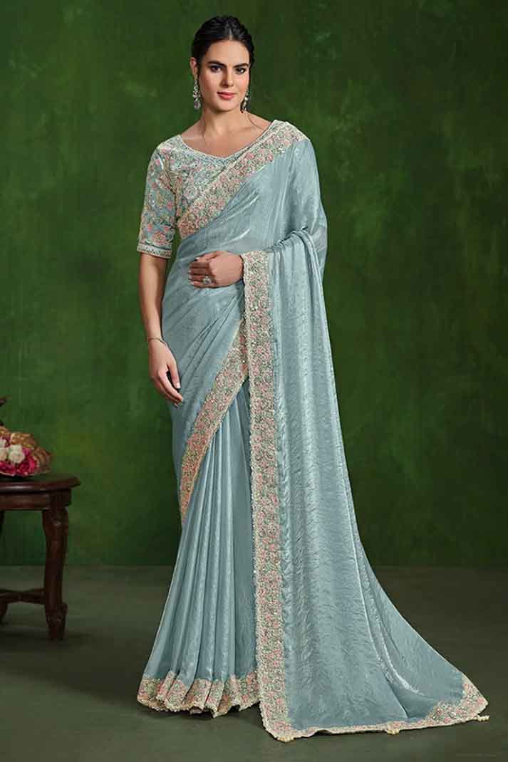 Grey Dual Tone Simmer Satin Silk Handwork Multi Sequins Designer Saree