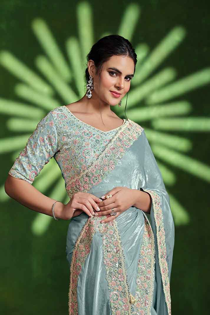 Grey Dual Tone Simmer Satin Silk Handwork Multi Sequins Designer Saree