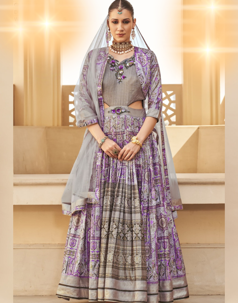 Grey Embellished Art Silk Anarkali Gown with Net Dupatta Wedding Guest Outfit