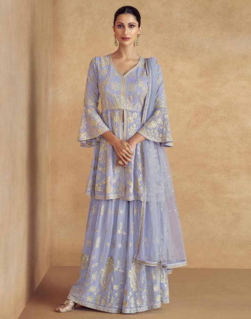 Grey Embroidered A-Line Front Slit Top Palazzo and Dupatta Set