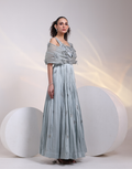 Grey Embroidered Gown with Off-Shoulder Draped Bodice, Floral Handwork & Pleated Skirt_1