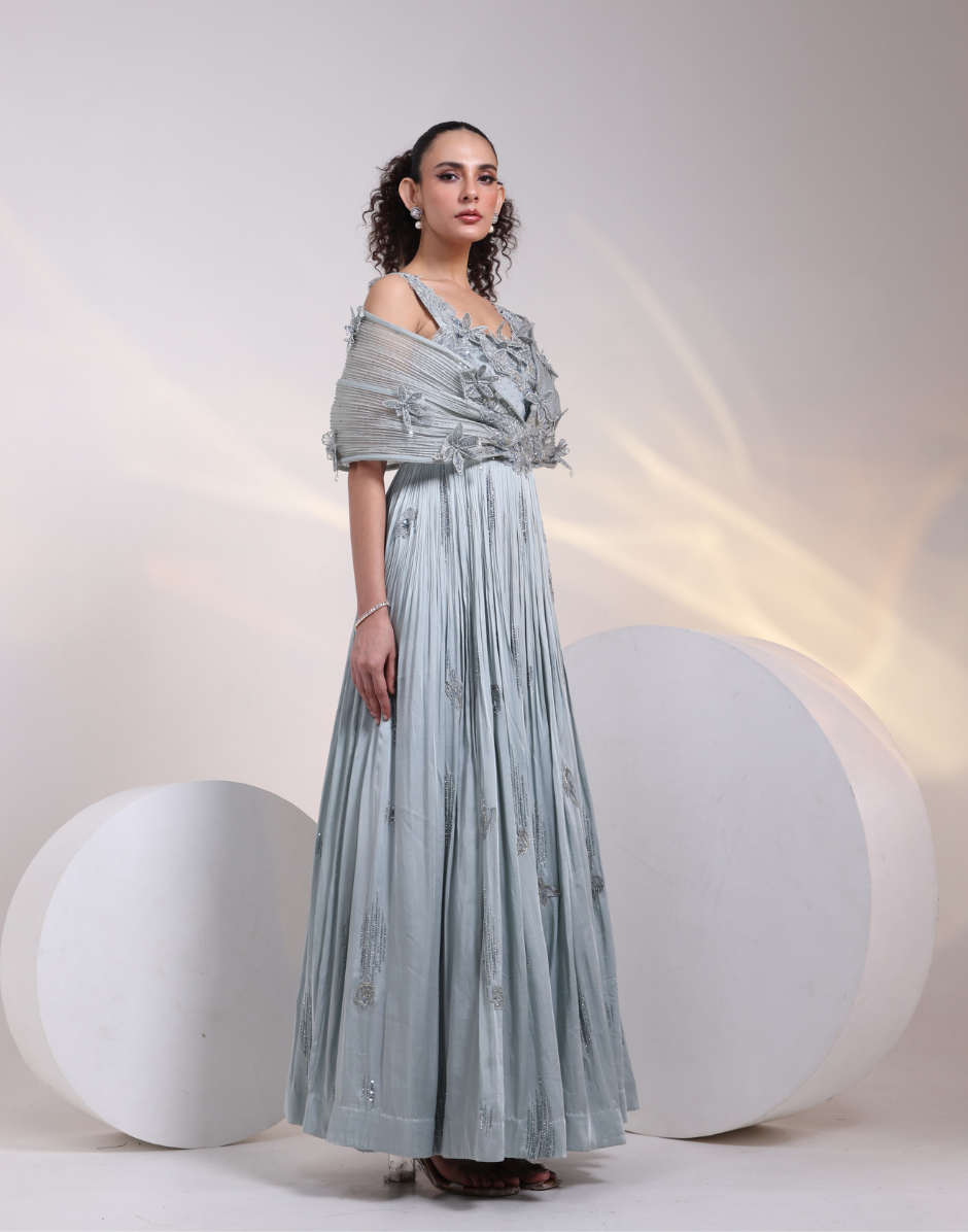 Grey Embroidered Gown with Off-Shoulder Draped Bodice, Floral Handwork & Pleated Skirt_1