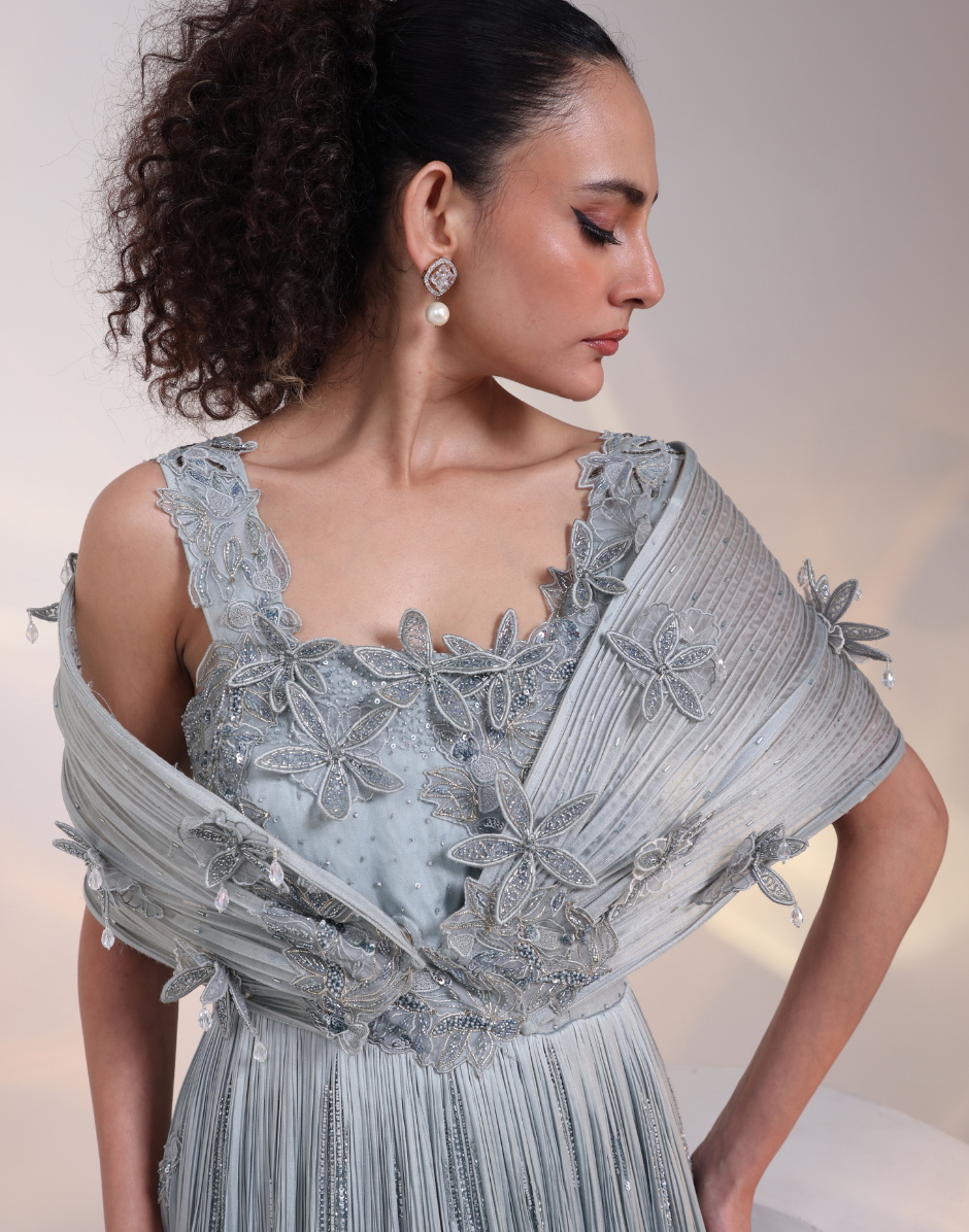 Grey Embroidered Gown with Off-Shoulder Draped Bodice, Floral Handwork & Pleated Skirt Grey / M / 3 Days Grey Embroidered Gown with Off-Shoulder Draped Bodice, Floral Handwork & Pleated Skirt Grey / M / 3 Days