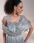 Grey Embroidered Gown with Off-Shoulder Draped Bodice, Floral Handwork & Pleated Skirt_3