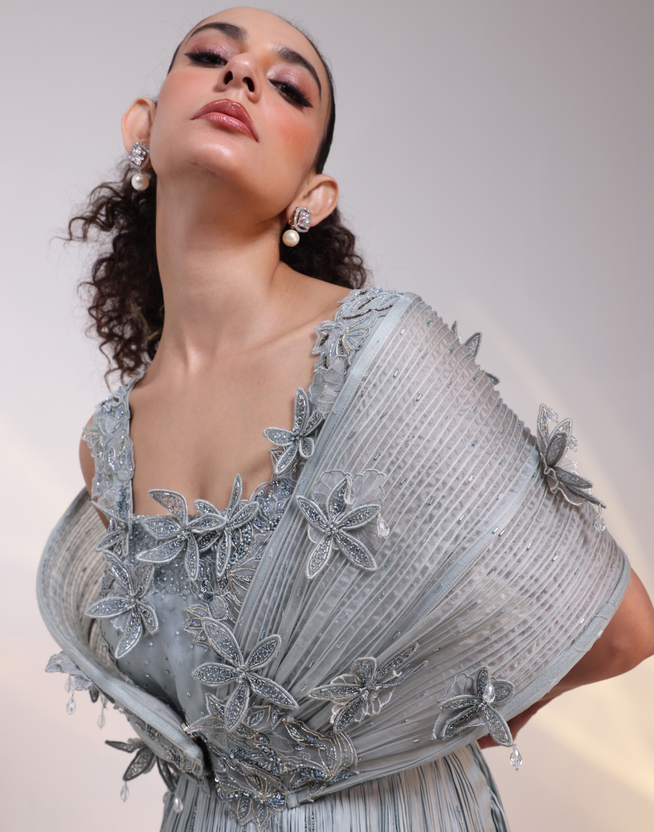 Grey Embroidered Gown with Off-Shoulder Draped Bodice, Floral Handwork & Pleated Skirt_3