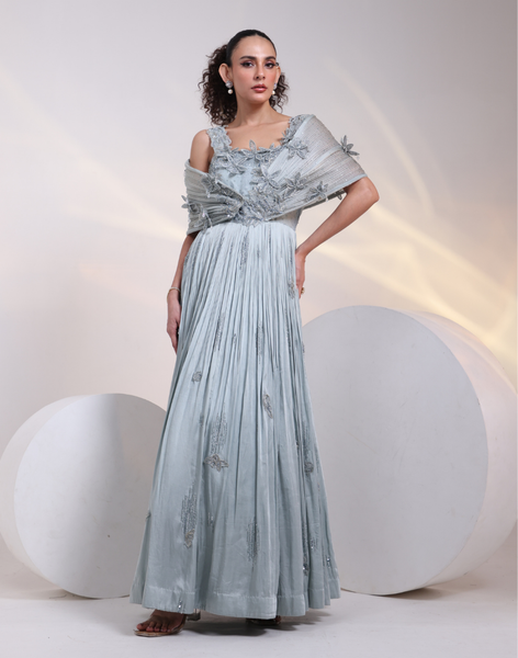 Grey Embroidered Gown with Off-Shoulder Draped Bodice, Floral Handwork & Pleated Skirt Grey / M / 3 Days