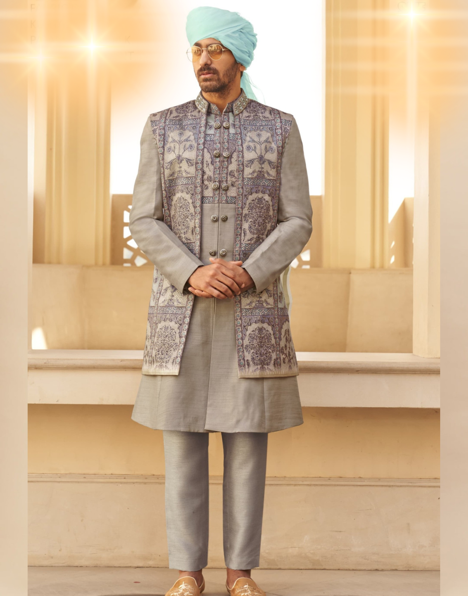 Grey Foil Print Art Silk Kurta Pyjama Set Elegant Ethnic Wear for Men
