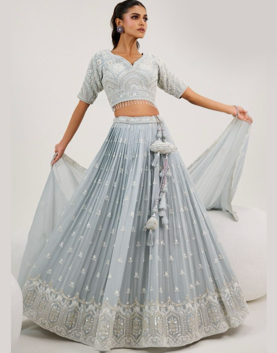 Grey Georgette Jacquard Lehenga with Embroidery & Print Blouse Handwork Dupatta Set