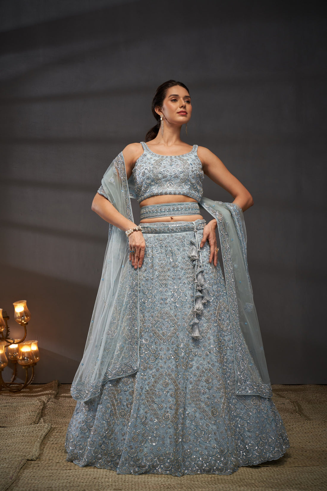 Grey Net Cutdana Sequins and Zarkan Lehenga Choli & Dupatta - Rent