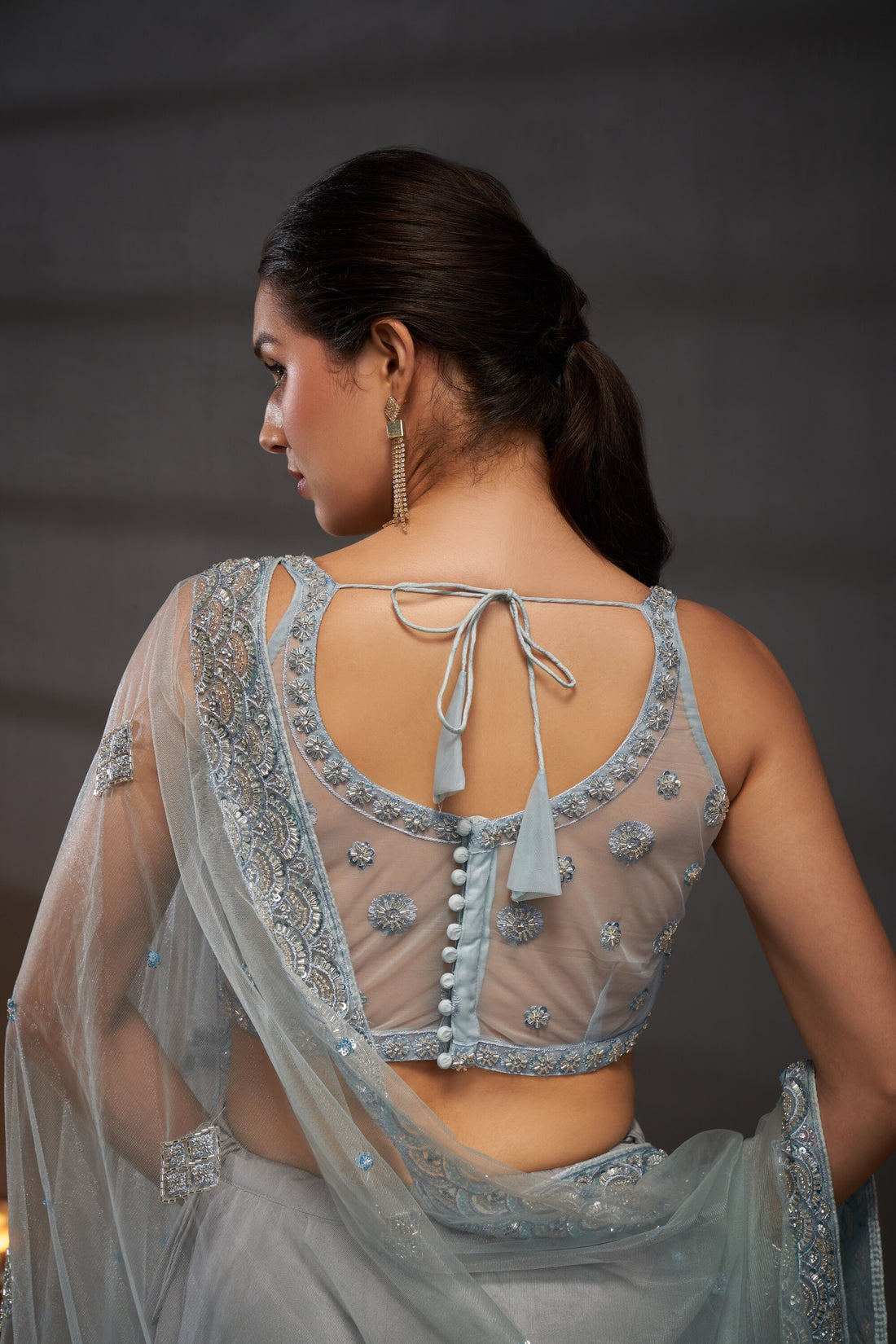 Grey Net Cutdana Sequins and Zarkan Lehenga Choli & Dupatta - Rent