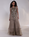 Grey Silver Three-Piece Kaftan Set with Sheer Organza Overlay & Wide Leg Palazzos