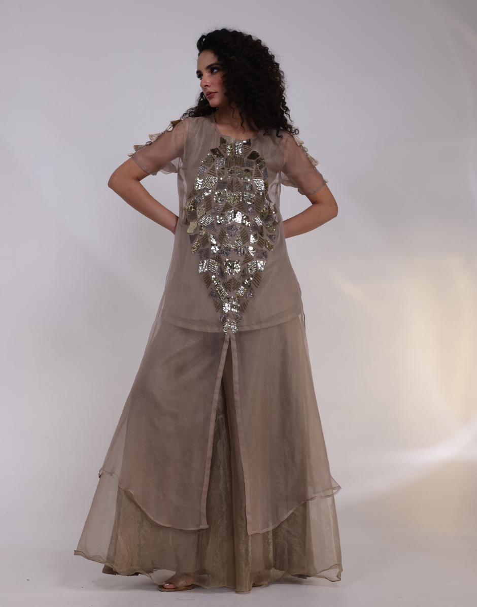 Grey Silver Three-Piece Kaftan Set with Sheer Organza Overlay & Wide Leg Palazzos_1