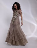 Grey Silver Three-Piece Kaftan Set with Sheer Organza Overlay & Wide Leg Palazzos_2