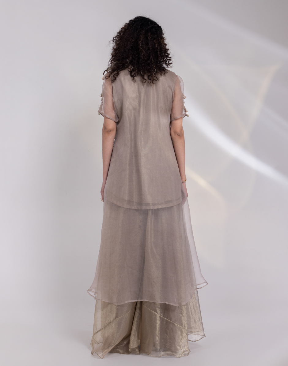Grey Silver Three-Piece Kaftan Set with Sheer Organza Overlay & Wide Leg Palazzos_3