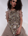 Grey Silver Three-Piece Kaftan Set with Sheer Organza Overlay & Wide Leg Palazzos_4
