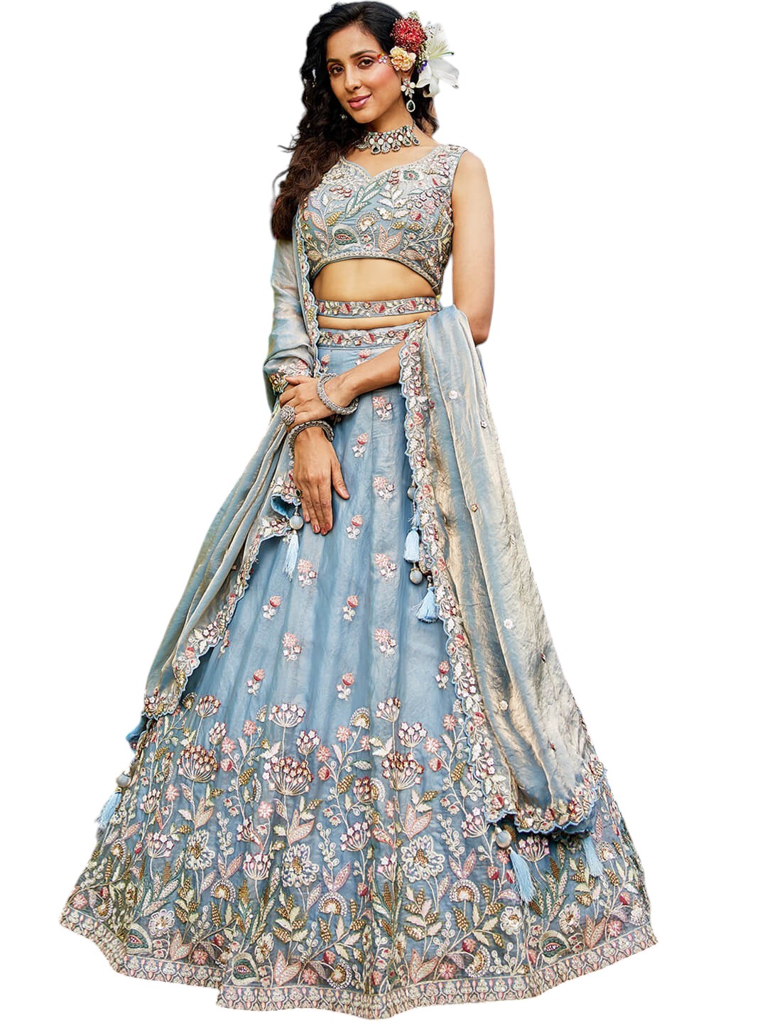Grey Tissue Fabric with Sequinse & Thread embroidery Lehenga choli & Dupatta_1