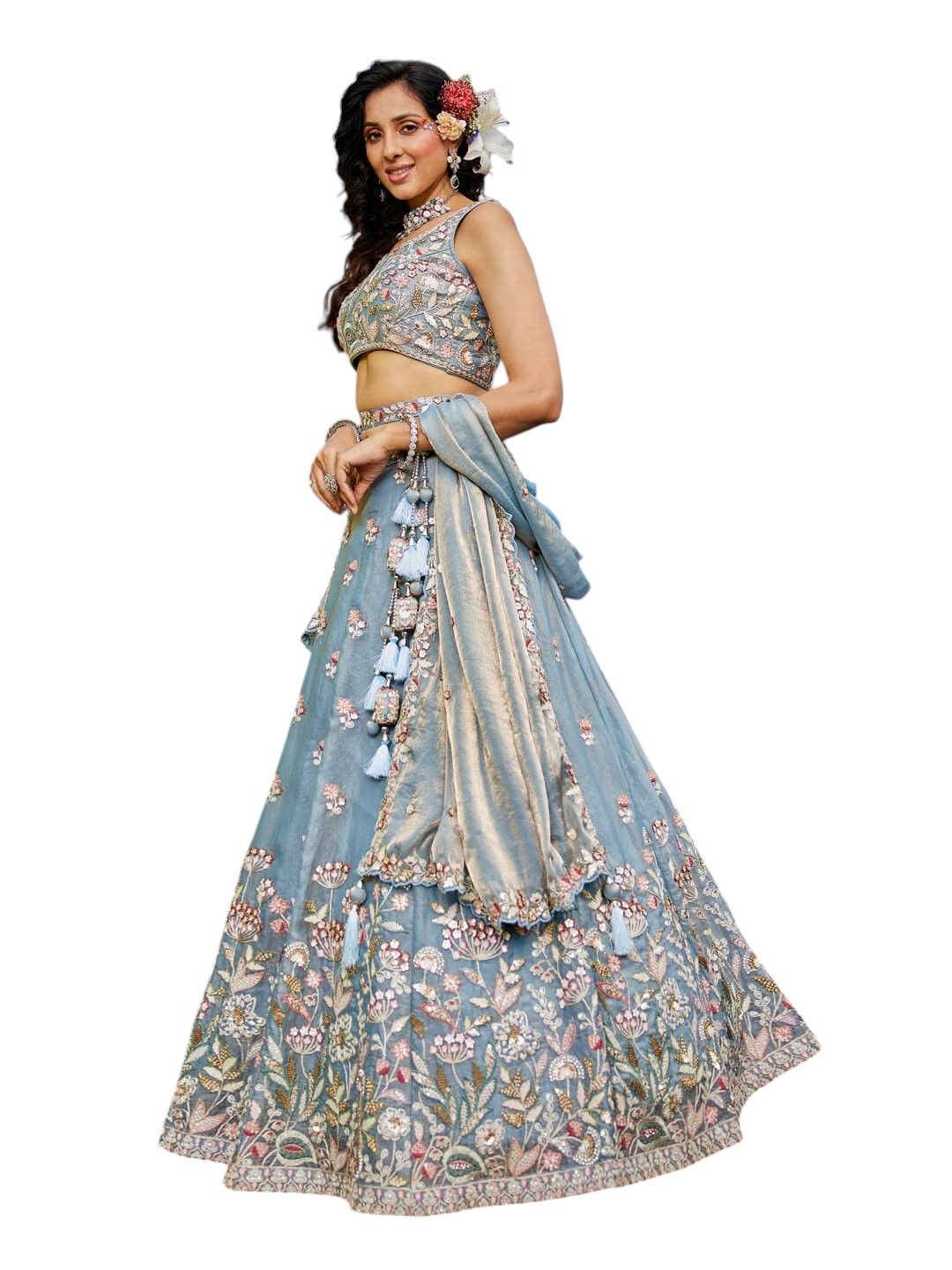 Grey Tissue Fabric with Sequinse & Thread embroidery Lehenga choli & Dupatta_1