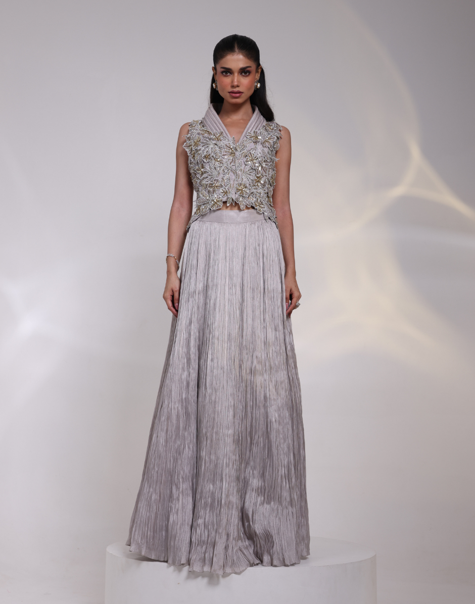 Grey Two-Piece Set With Structured Peplum Bodice 3D Floral Embroidery Sequins and Matching Skirt